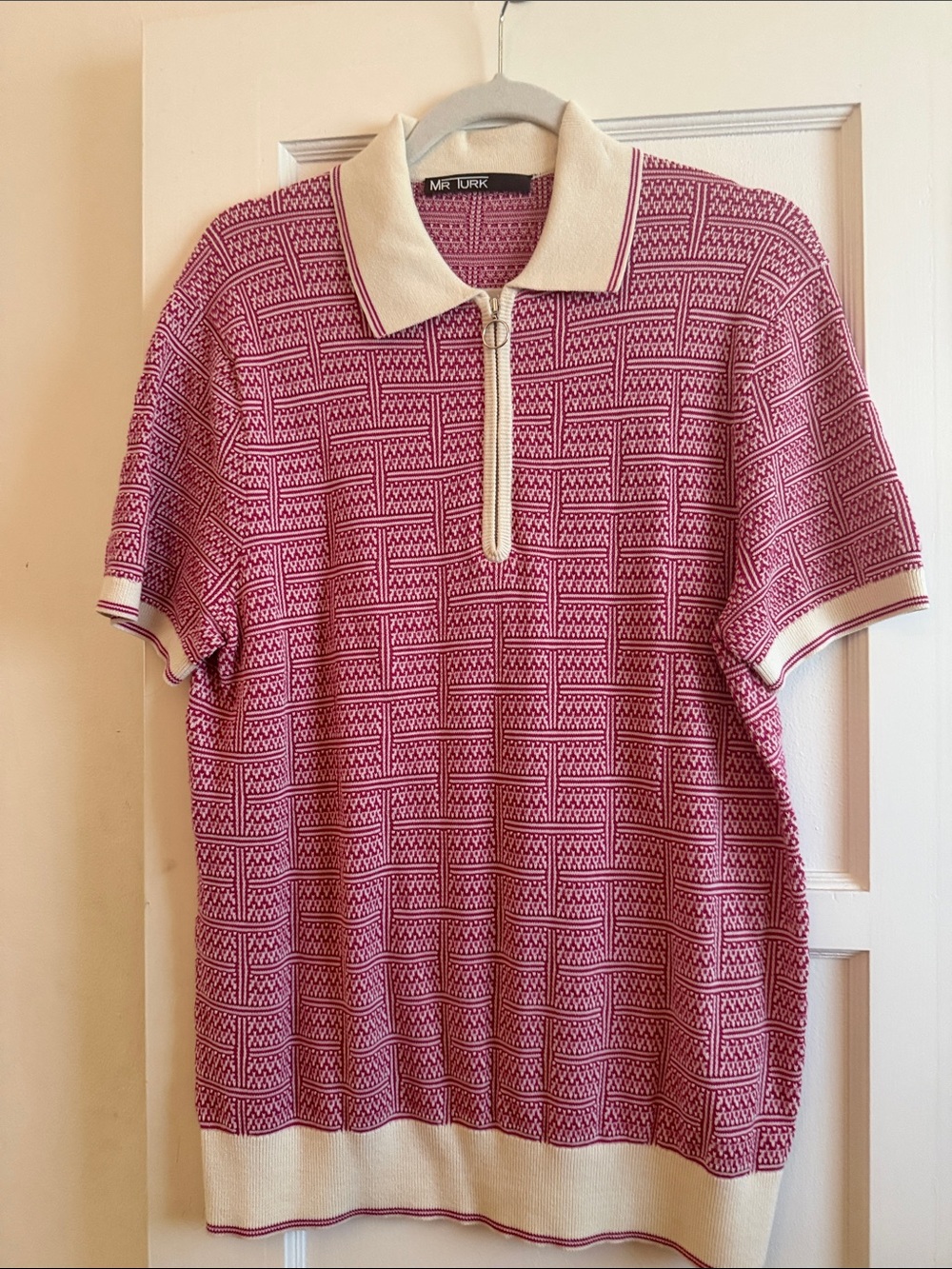 MR TURK Pink Knit Polo with Cream Zip Collar